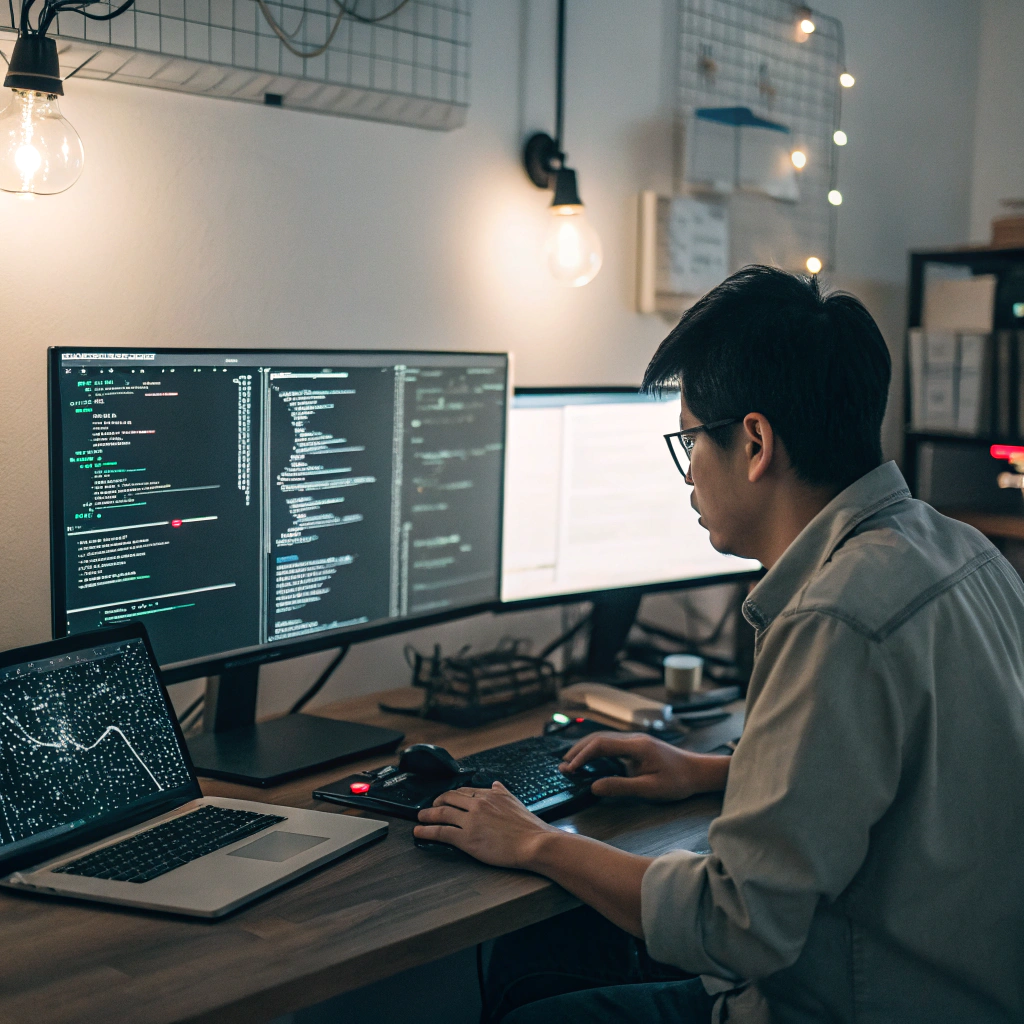 Consultant reviewing technical architecture diagrams on screen